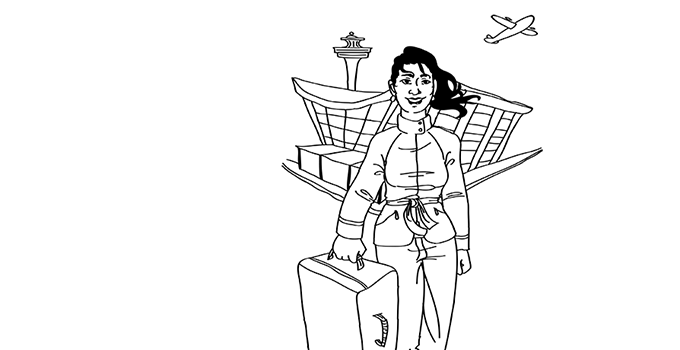 same young woman standing in front of airport