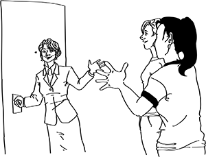 Natalya Mikahilovna leaving Amanda and Caitlyn's hotel room, waving goodbye.