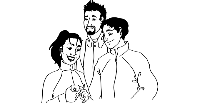 Amanda is showing Tony and Denis something on her phone