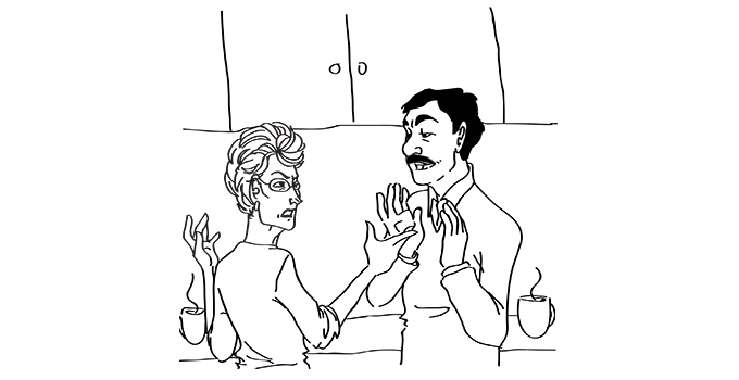 middle-aged couple talking (Marat Azatovich and Rimma Yurievna)
