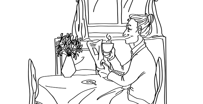 Older woman (Zoya Stepanovna) drinking hot tea while reading the paper