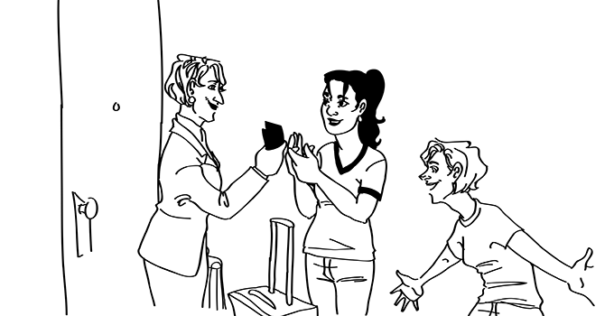 NM handing Amanda her passport and with suitcase belonging to Caitlin