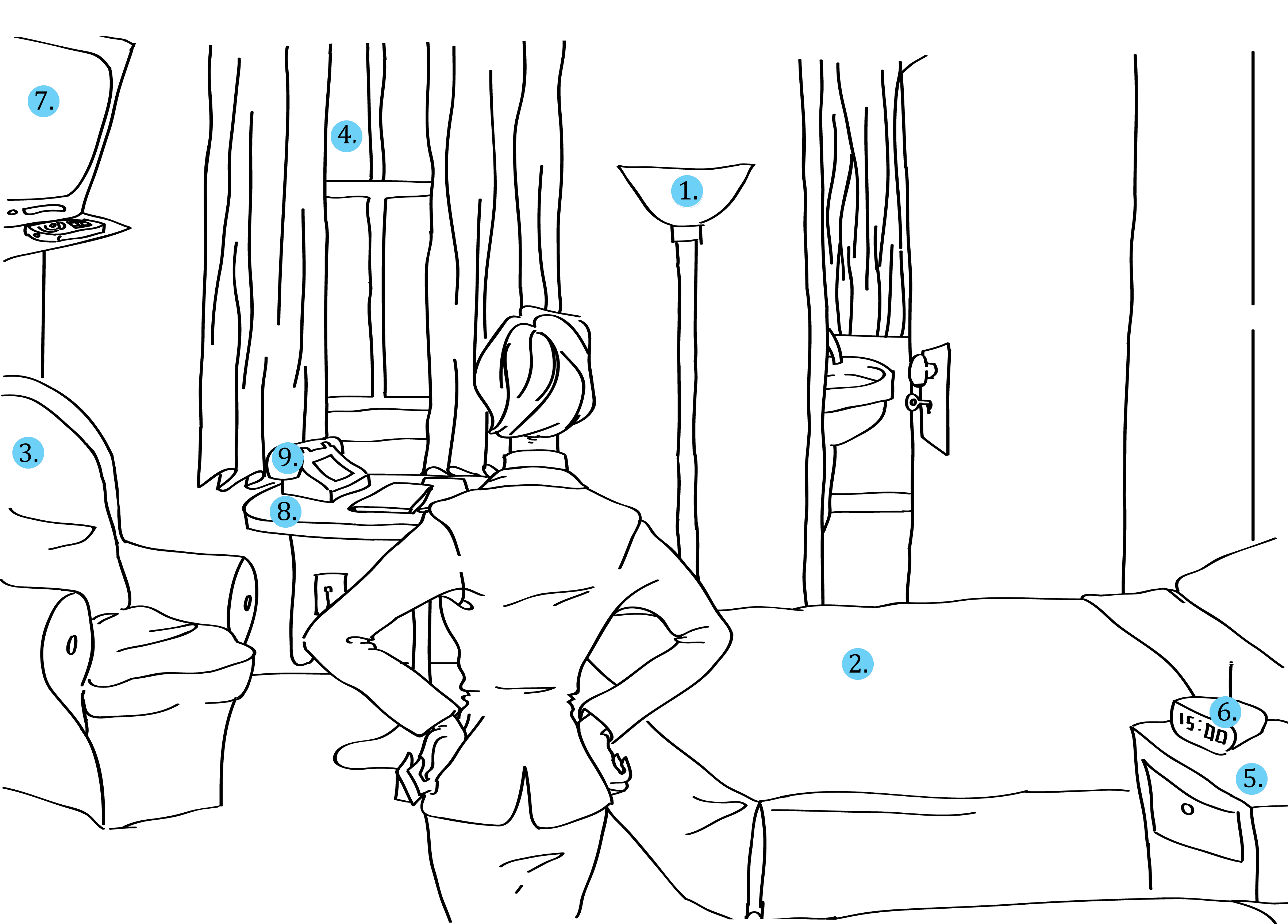 hotel room with items labeled: 1. lamp, 2.bed, 3.chair, 4.window, 5.bedside table, 6. radio alarm clock, 7.tv, 8.table, 9.telphone