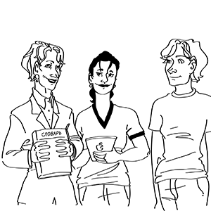 NM with Amanda and Caitlin. NM is holding dictionary.