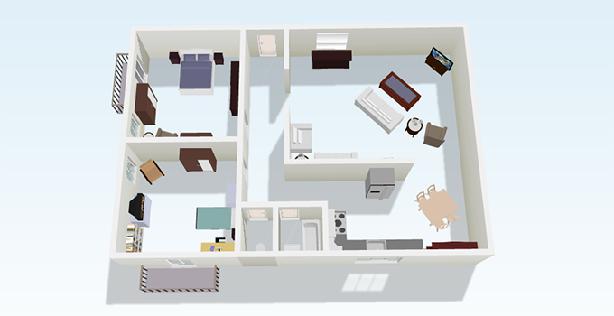 floorplan for a two-bedroom apartment. Bedrooms are to the right off the main hallway.  Lving room is to the left as you enter, leading into to an eat-in kitchen. At the end of the hallway opposite the entry is the bathroom; the hallway then turns to right, leading to the aforementioned eat-in kitchen.