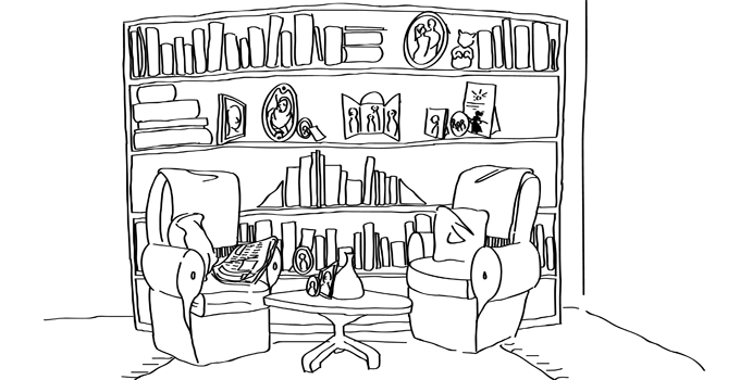 big room, bookcase in the background, two large armchairs in the foreground