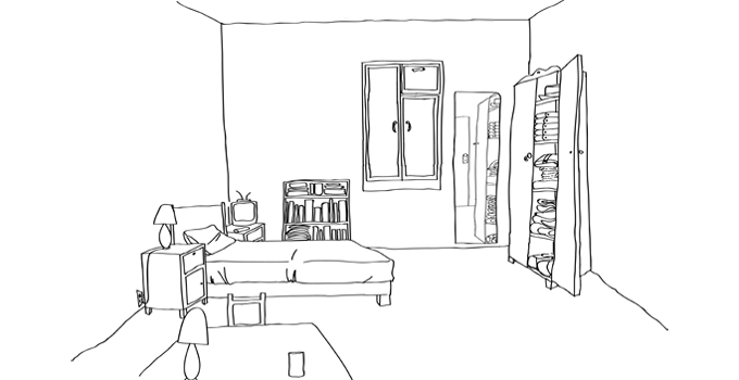 very neat room with wardrobe, mirror on the wall, a bookshelf, a small tv