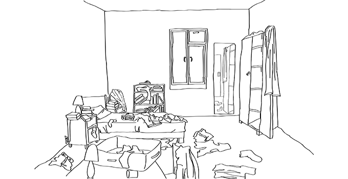 same room as seen before, but with everything in complete disarray
